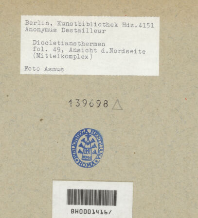 Rückseite von Kunstbibliothek [https://www.deutsche-digitale-bibliothek.de/content/lizenzen/rv-ez/] Codex Destailleur DDiocletians-Thermen: Aufriss der Haupteingangsfassade - , bh139698_recto. Foto.