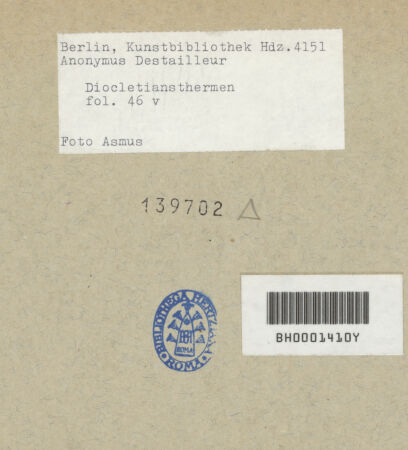 Rückseite von Kunstbibliothek [https://www.deutsche-digitale-bibliothek.de/content/lizenzen/rv-ez/] Codex Destailleur DDiocletians-Thermen: Maßzeichnungen von einem Gebälk und einem Kapitell - , bh139702_recto. Foto.