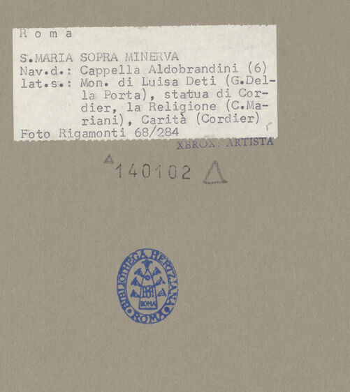 Rückseite von Bibliotheca Hertziana [https://www.deutsche-digitale-bibliothek.de/content/lizenzen/rv-fz/] Cappella AldobrandiniGrabmal für Lisa Deti Aldobrandini (gest. 1557)Gisant - , bh140102_recto. Foto: Rigamonti.