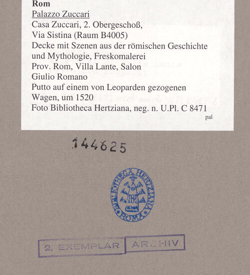 Rückseite von Bibliotheca Hertziana [https://www.deutsche-digitale-bibliothek.de/content/lizenzen/rv-fz/] Szenen aus der römischen Geschichte und MythologiePutto auf einem von Tigerinnen gezogenen Wagen - , bh144625_recto. Foto.