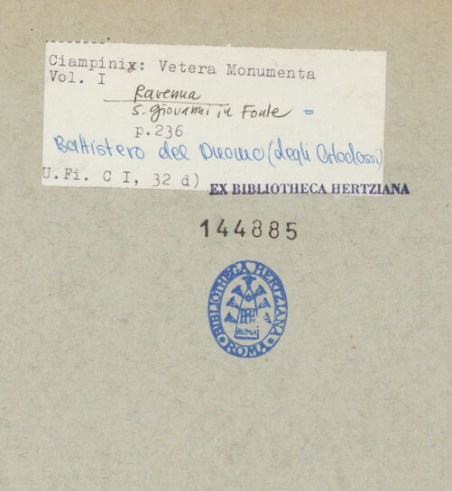 Rückseite von Bibliotheca Hertziana [https://www.deutsche-digitale-bibliothek.de/content/lizenzen/rv-fz/] Joannis Ciampini Romani, Vetera monimenta, in quibus praecipue musiva opera sacrarum, profanarumque aedium structura, ac nonnulli antiqui ritus dissertationibus, iconibusque illustrantur. Prima pars: a primo Christi saeculo ad quintum. Praecedit vita auctoris, nunc primum ipsius operibus addita, Romae 1747. Sumptibus Caroli Giannini (...), Ex typographia KomarekTab. LXXI: Ravenna, San Giovanni in Fonte, Baptisterium der Orthodoxen: Vier Propheten in aus Akanthusranken geformten Medaillons - Gesamtansicht, bh144885_recto. Foto.