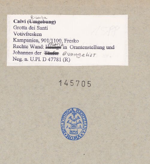 Rückseite von Bibliotheca Hertziana [https://www.deutsche-digitale-bibliothek.de/content/lizenzen/rv-fz/] VotivfreskenKreuzigung Christi und Heiligendarstellungen - Detail: Maria Orans und Johannes der Evangelist, bh145705_recto. Foto.