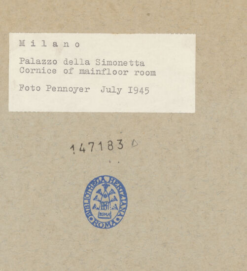 Rückseite von unbekannt [https://www.deutsche-digitale-bibliothek.de/content/lizenzen/rv-fz/] Villa Simonetta - Ansicht einer Saal, bh147183_recto. Foto: Pennoyer, A.S. (Captain).