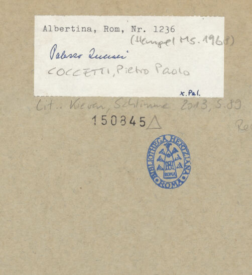 Rückseite von Graphische Sammlung Albertina? [https://www.deutsche-digitale-bibliothek.de/content/lizenzen/rv-ez/] Ansicht der Fassade des Palazzo Zuccari zur Piazza Trinità dei Monti - , bh150845_recto. Foto.