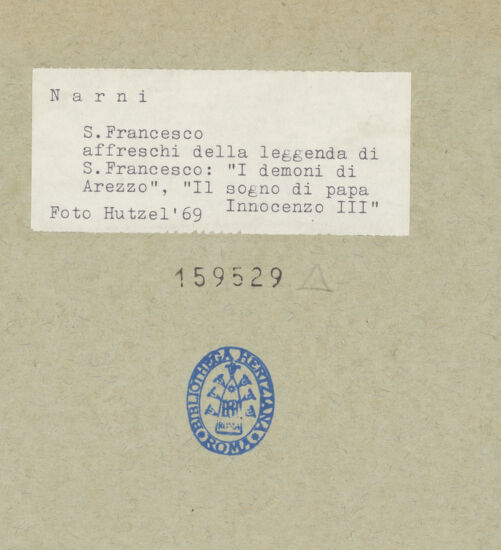 Rückseite von Foto Marburg [https://www.deutsche-digitale-bibliothek.de/content/lizenzen/rv-ez/] Szenen aus dem Leben der Heiligen Franziskus und Bernhard von SienaVertreibung der Teufel aus Arezzo; Papst Innozenz III. träumt von der einstürzenden Lateransbasilika - , bh159529_recto. Foto: Hutzel, Max.