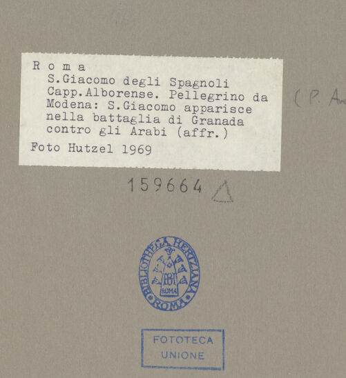 Rückseite von Hutzel, Max [https://www.deutsche-digitale-bibliothek.de/content/lizenzen/rv-fz/] KapellenausmalungDer heilige Jakobus greift in die Schlacht von Clavijo ein und führt die Spanier zum Sieg - , bh159664_recto. Foto: Hutzel, Max.