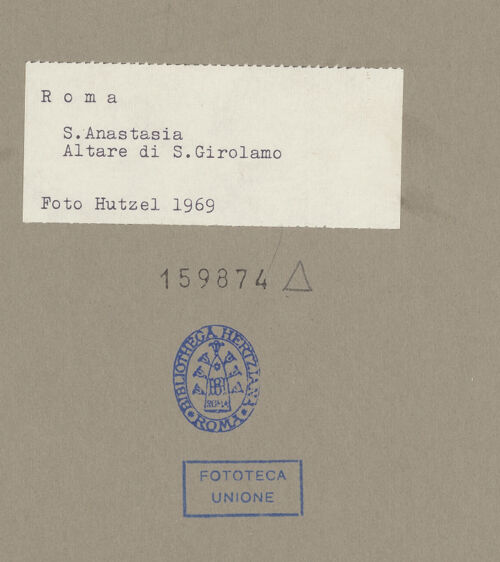 Rückseite von Hutzel, Max [https://www.deutsche-digitale-bibliothek.de/content/lizenzen/rv-fz/] Sant'Anastasia al PalatinoCappella di San Girolamo - Ansicht von links, bh159874_recto. Foto: Hutzel, Max.