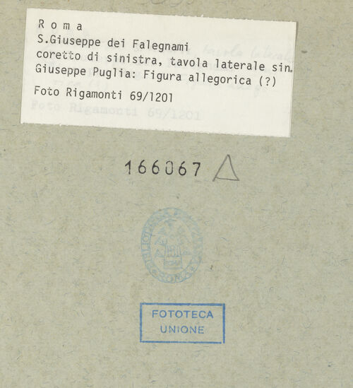 Rückseite von Rigamonti [https://www.deutsche-digitale-bibliothek.de/content/lizenzen/rv-fz/] Ruhe auf der Flucht nach Ägypten, flankiert von Propheten - Linke Seitentafel: Weibliche Allegorie (?); tavola laterale sinistra: "Figura allegorica (?)", bh166067_recto. Foto.