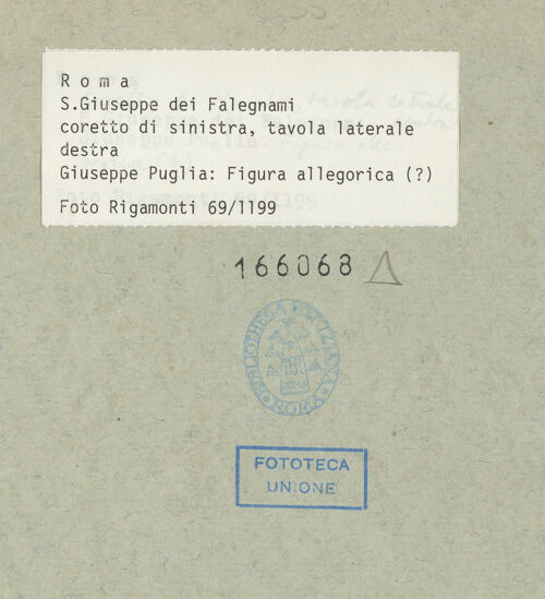 Rückseite von Rigamonti [https://www.deutsche-digitale-bibliothek.de/content/lizenzen/rv-fz/] Ruhe auf der Flucht nach Ägypten, flankiert von Propheten - Rechte Seitentafel: Weibliche Allegorie (?) mit Schrifttafel; tavola laterale destra: "Figura allegorica (?)", bh166068_recto. Foto.