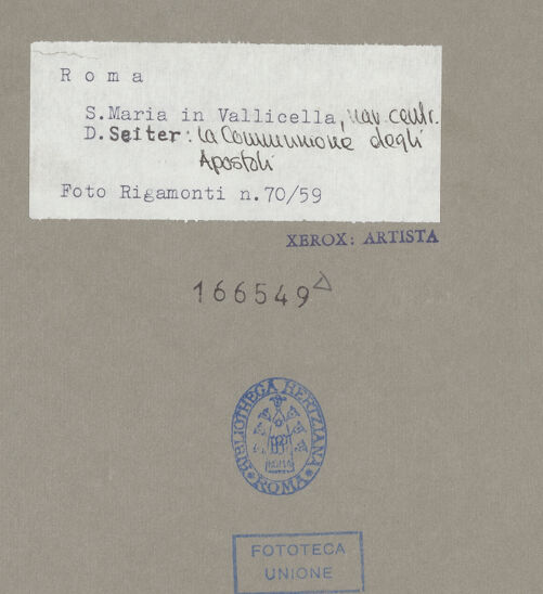 Rückseite von Bibliotheca Hertziana [https://www.deutsche-digitale-bibliothek.de/content/lizenzen/rv-fz/] Bildzyklus zur Erlösung der MenschheitApostelkommunion - , bh166549_recto. Foto: Rigamonti.