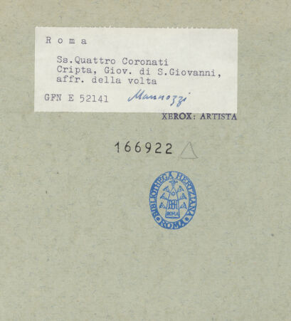 Rückseite von ICCD [https://www.deutsche-digitale-bibliothek.de/content/lizenzen/rv-ez/] Gewölbeausmalung mit den Quattuor Coronati in den Zwickelfeldern - Zwickelfeld, bh166922_recto. Foto.