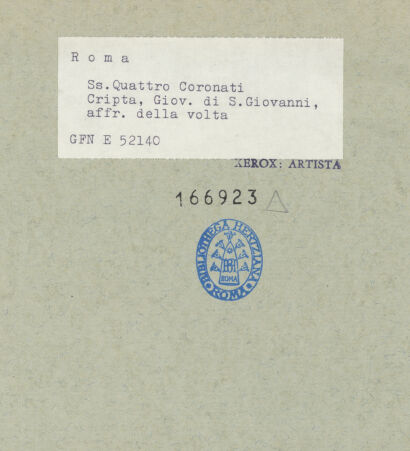 Rückseite von ICCD [https://www.deutsche-digitale-bibliothek.de/content/lizenzen/rv-ez/] Gewölbeausmalung mit den Quattuor Coronati in den Zwickelfeldern - Zwickelfeld, bh166923_recto. Foto.