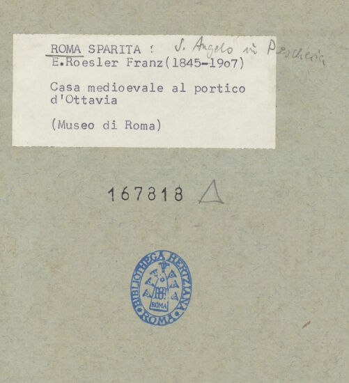Rückseite von Museo di Roma? [https://www.deutsche-digitale-bibliothek.de/content/lizenzen/rv-ez/] Mittelalterliches Haus am Portico d'Ottavia - , bh167818_recto. Foto.