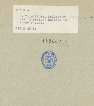 Rückseite von ICCD (GFN) [https://www.deutsche-digitale-bibliothek.de/content/lizenzen/rv-ez/] Madonna mit den Heiligen Franziskus von Assisi und Augustinus - Gesamtansicht, bh168067_recto. Foto.