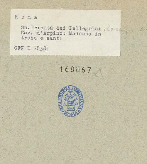 Rückseite von ICCD (GFN) [https://www.deutsche-digitale-bibliothek.de/content/lizenzen/rv-ez/] Madonna mit den Heiligen Franziskus von Assisi und Augustinus - Gesamtansicht, bh168067_recto. Foto.