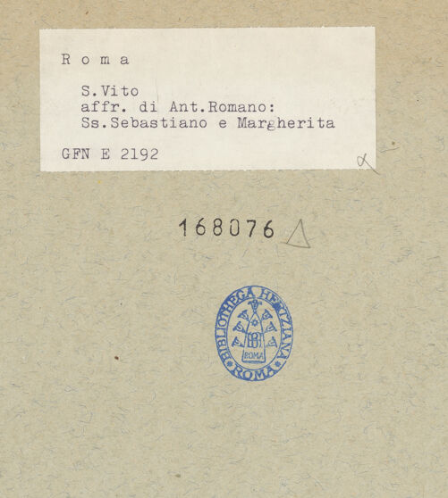 Rückseite von ICCD [https://www.deutsche-digitale-bibliothek.de/content/lizenzen/rv-ez/] Madonna zwischen den Heiligen Modestus und Creszentia, darunter die Heiligen Vitus, Margarethe und Sebastian - Die Heiligen Margarethe und Sebastian, bh168076_recto. Foto.