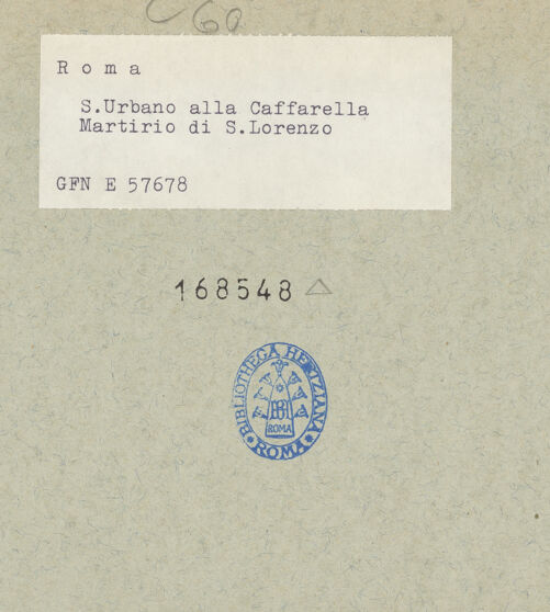 Rückseite von ICCD [https://rightsstatements.org/page/CNE/1.0/] Szenen aus dem Leben und der Passion Christi, verschiedene Märtyrer und Szenen aus der Vita der Heiligen Urban und CaeciliaMärtyerszenen - Martyrium des heiligen Laurentius, Detail: Laurentius auf dem Rost, bh168548_recto. Foto.