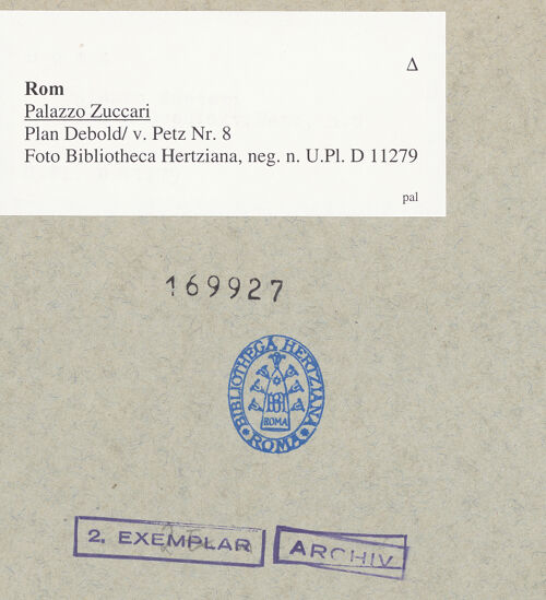 Rückseite von Bibliotheca Hertziana [https://www.deutsche-digitale-bibliothek.de/content/lizenzen/rv-fz/] Dokumentation: Pläne und GrundrisseSerie von Planzeichnungen zum Palazzo Zuccari - Pianta Debold / v. Petz Nr. 8, bh169927_recto. Foto.