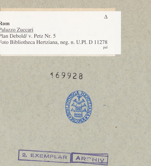Rückseite von Bibliotheca Hertziana [https://www.deutsche-digitale-bibliothek.de/content/lizenzen/rv-fz/] Dokumentation: Pläne und GrundrisseSerie von Planzeichnungen zum Palazzo Zuccari - Pianta Debold / v. Petz Nr. 5, bh169928_recto. Foto.