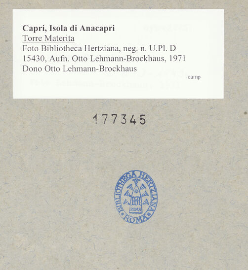 Rückseite von Bibliotheca Hertziana [https://www.deutsche-digitale-bibliothek.de/content/lizenzen/rv-fz/] Torre Materita - Turm, bh177345_recto. Foto: Lehmann-Brockhaus, Otto.