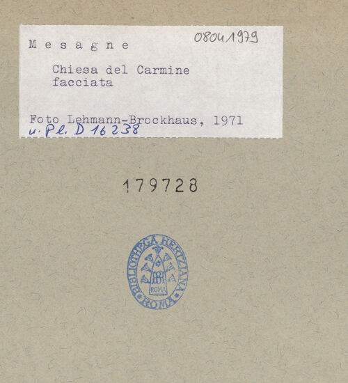 Rückseite von Bibliotheca Hertziana [https://www.deutsche-digitale-bibliothek.de/content/lizenzen/rv-fz/] Chiesa del Carmine - Westfassade, bh179728_recto. Foto: Lehmann-Brockhaus, Otto.