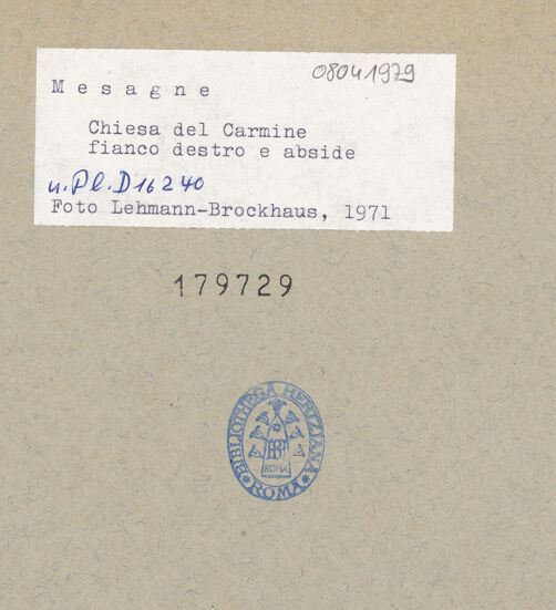 Rückseite von Bibliotheca Hertziana [https://www.deutsche-digitale-bibliothek.de/content/lizenzen/rv-fz/] Chiesa del Carmine - Apsis und Ostbau von Südosten, bh179729_recto. Foto: Lehmann-Brockhaus, Otto.