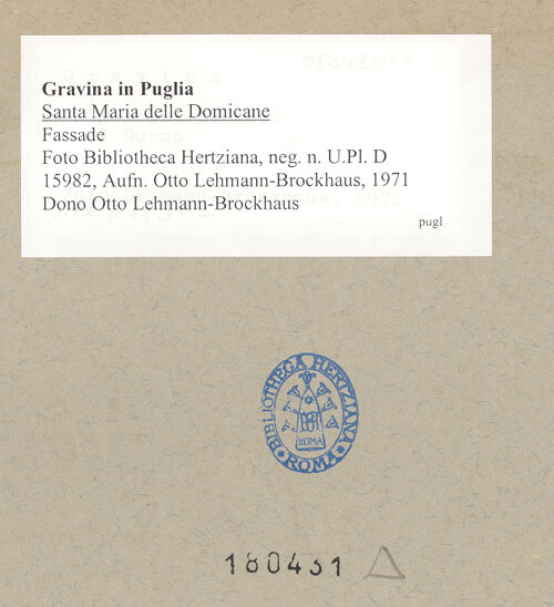 Rückseite von Bibliotheca Hertziana [https://www.deutsche-digitale-bibliothek.de/content/lizenzen/rv-fz/] Santa Maria delle Domicane - Fassade, bh180431_recto. Foto: Lehmann-Brockhaus, Otto.