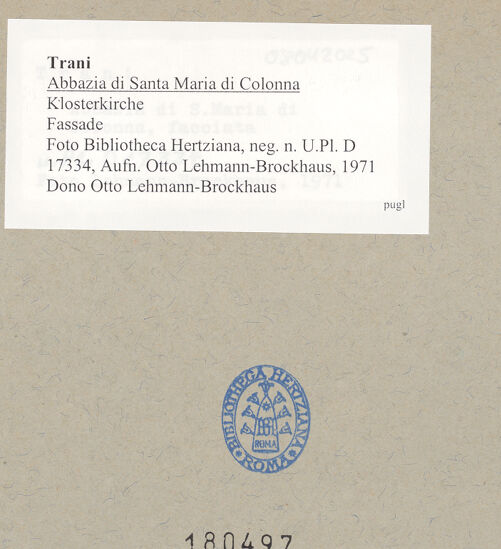 Rückseite von Bibliotheca Hertziana [https://www.deutsche-digitale-bibliothek.de/content/lizenzen/rv-fz/] Abbazia di Santa Maria di Colonna - Hauptfassade von Westen, bh180497_recto. Foto: Lehmann-Brockhaus, Otto.