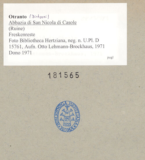 Rückseite von Bibliotheca Hertziana [https://www.deutsche-digitale-bibliothek.de/content/lizenzen/rv-fz/] Santa Maria di CasoleRuine des Refektoriums - Kreuzgang: Freskenreste, bh181565_recto. Foto: Lehmann-Brockhaus, Otto.