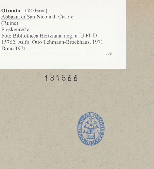 Rückseite von Bibliotheca Hertziana [https://www.deutsche-digitale-bibliothek.de/content/lizenzen/rv-fz/] Santa Maria di CasoleRuine des Refektoriums - Kreuzgang: Freskenreste, bh181566_recto. Foto: Lehmann-Brockhaus, Otto.