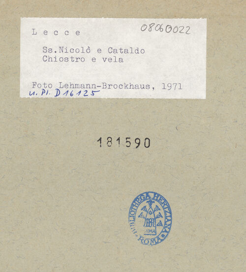 Rückseite von Bibliotheca Hertziana [https://www.deutsche-digitale-bibliothek.de/content/lizenzen/rv-fz/] Santi Niccolò e CataldoChiostro Grande - Detail mit Campanile von Süden, bh181590_recto. Foto: Lehmann-Brockhaus, Otto.