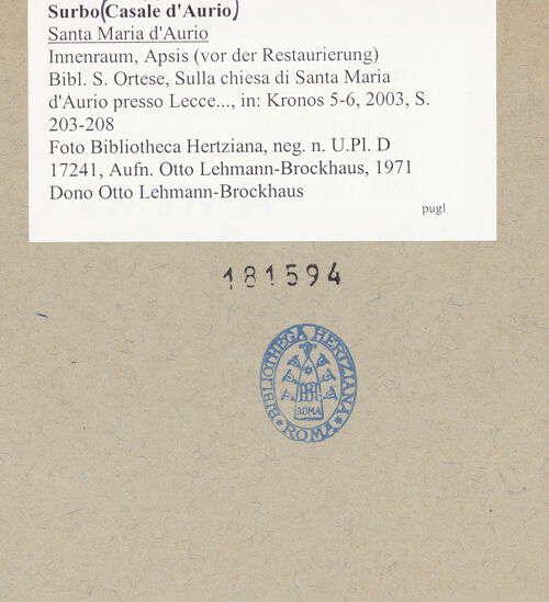 Rückseite von Bibliotheca Hertziana [https://www.deutsche-digitale-bibliothek.de/content/lizenzen/rv-fz/] Santa Maria d'Aurio - Hauptapsis (vor der Restaurierung), bh181594_recto. Foto: Lehmann-Brockhaus, Otto.