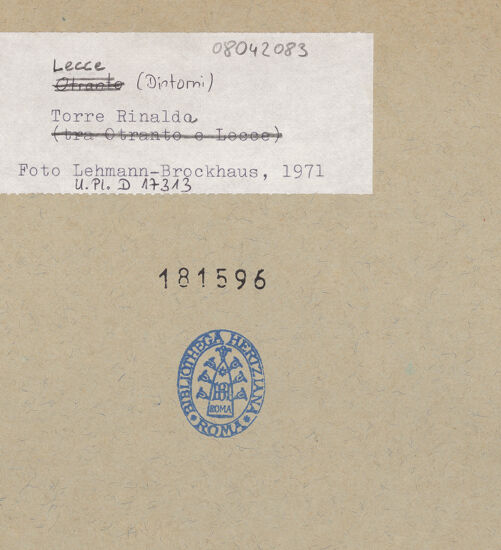 Rückseite von Bibliotheca Hertziana [https://www.deutsche-digitale-bibliothek.de/content/lizenzen/rv-fz/] Torre Rinalda - Ansicht von Nordwesten, bh181596_recto. Foto: Lehmann-Brockhaus, Otto.
