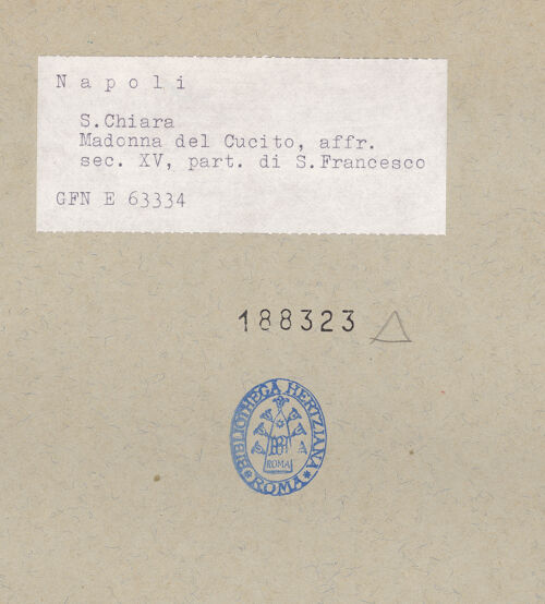 Rückseite von ICCD [https://www.deutsche-digitale-bibliothek.de/content/lizenzen/rv-ez/] Madonna mit Kind (Eucharistische Allegorie) - Madonna del Cucito; Franziskaner (links) - Detail: Franziskaner (Hl. Franziskus?), bh188323_recto. Foto.