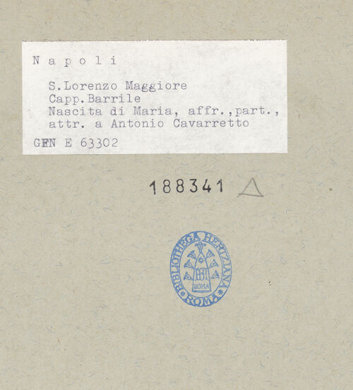 Rückseite von ICCD [https://www.deutsche-digitale-bibliothek.de/content/lizenzen/rv-ez/] Szenen aus dem Leben MariasGeburt Marias - Detail: Frau, bh188341_recto. Foto.