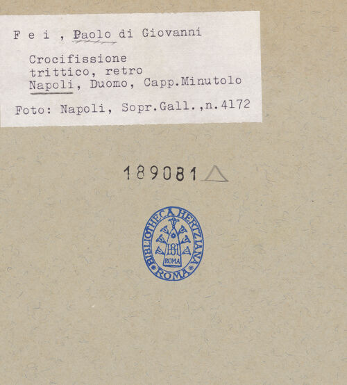 Rückseite von Sopr. BAS NA [https://www.deutsche-digitale-bibliothek.de/content/lizenzen/rv-ez/] Triptychon mit einer Kreuzigung mit der Trinität (Gnadenstuhl) - Rückseite: Wappen (Minutolo Familie), bh189081_recto. Foto.