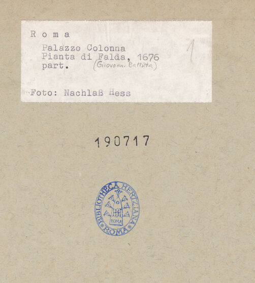 Rückseite von Bibliotheca Hertziana [https://www.deutsche-digitale-bibliothek.de/content/lizenzen/rv-fz/] Falda-Stadtplan Roms - Ausschnitt, bh190717_recto. Foto.