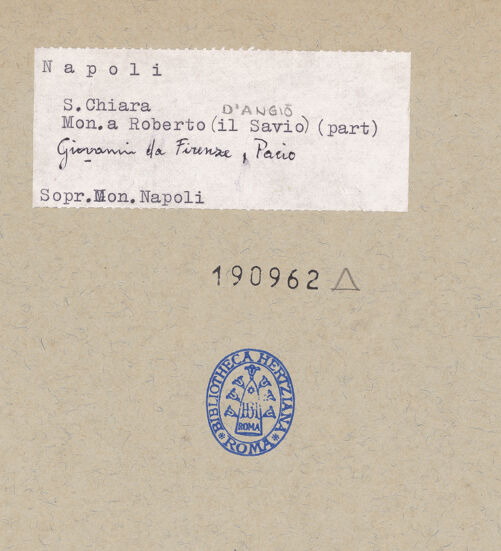 Rückseite von Sopr. BAS NA [https://www.deutsche-digitale-bibliothek.de/content/lizenzen/rv-ez/] Grabmal des Königs Robert I.Anbetung der Madonna - Madonna mit Kind, bh190962_recto. Foto.