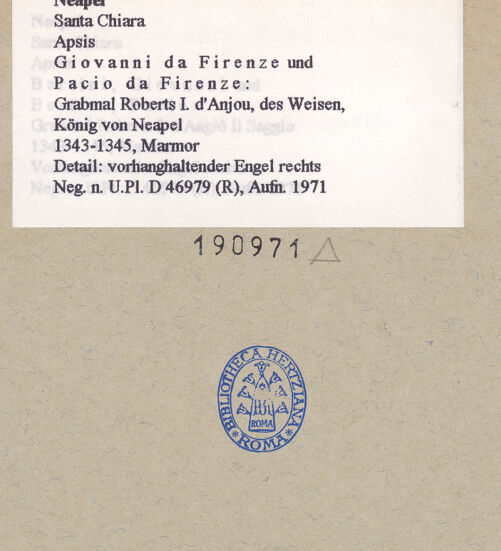 Rückseite von Bibliotheca Hertziana [https://rightsstatements.org/page/CNE/1.0/] Grabmal des Königs Robert I.Untere Hälfte: Karyatiden, Sarkophag und Grabkammer - Vorhanghaltender Engel rechts (vor 1943), bh190971_recto. Foto.