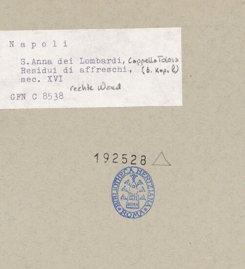 Rückseite von ICCD [https://www.deutsche-digitale-bibliothek.de/content/lizenzen/rv-ez/] Bekehrung des Apostels Paulus, Heiligen und Stifter - Rechte Wand, Detail: Paulus und Stifter, bh192528_recto. Foto.