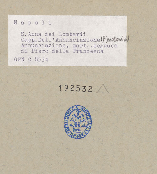 Rückseite von ICCD [https://www.deutsche-digitale-bibliothek.de/content/lizenzen/rv-ez/] Verkündigung - Gesamtansicht, bh192532_recto. Foto.