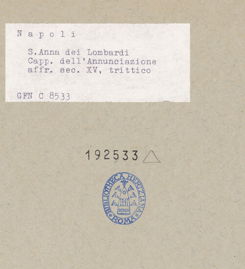 Rückseite von ICCD [https://www.deutsche-digitale-bibliothek.de/content/lizenzen/rv-ez/] Christi Himmelfahrt mit den Heiligen Nicholas und Sebastian - Gesamtansicht, bh192533_recto. Foto.