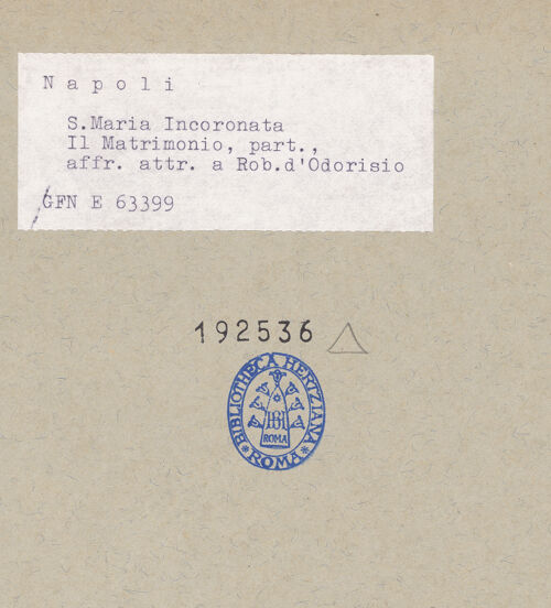 Rückseite von ICCD [https://www.deutsche-digitale-bibliothek.de/content/lizenzen/rv-ez/] Die sieben Sakramente und der Triumph der KircheSakrament der Ehe - Detail: Frauen, rechts oben (während der Restaurierung), bh192536_recto. Foto.