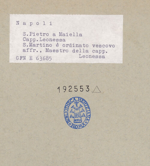 Rückseite von ICCD [https://www.deutsche-digitale-bibliothek.de/content/lizenzen/rv-ez/] Szenen aus dem Leben des heiligen MartinDer heilige Martin wird zum Bischof geweiht - Detail: Bischof und Martin, bh192553_recto. Foto.