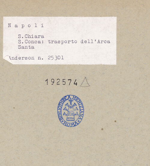 Rückseite von Alinari [https://www.deutsche-digitale-bibliothek.de/content/lizenzen/rv-ez/] David bringt die Bundeslade nach Jerusalem (zerstört 1943) - Gesamtansicht, bh192574_recto. Foto.