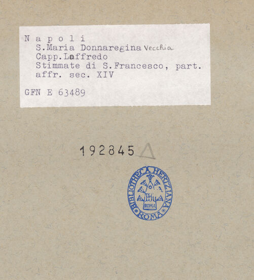 Rückseite von ICCD [https://www.deutsche-digitale-bibliothek.de/content/lizenzen/rv-ez/] Szenen aus dem Leben des heiligen FranziskusDie Stigmatisation des hl. Franziskus - Detail: hl. Franziskus, bh192845_recto. Foto.