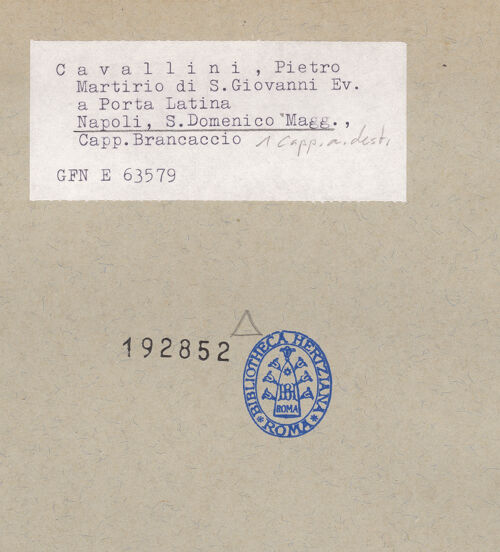 Rückseite von ICCD [https://www.deutsche-digitale-bibliothek.de/content/lizenzen/rv-ez/] Szenen aus dem Leben des Johannes des EvangelistMartyrium des Johannes - Detail: der Kaiser, bh192852_recto. Foto.