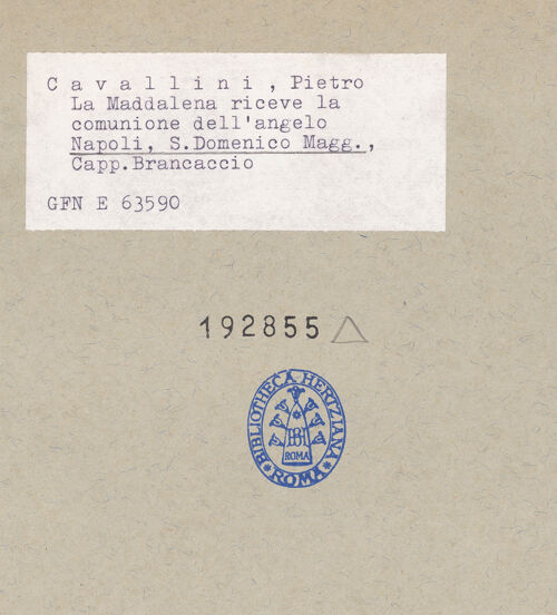 Rückseite von ICCD [https://www.deutsche-digitale-bibliothek.de/content/lizenzen/rv-ez/] Szenen aus dem Leben der Maria MagdalenaMaria Magdalena als Büßerin - Maria Magdalena und der Engel, bh192855_recto. Foto.