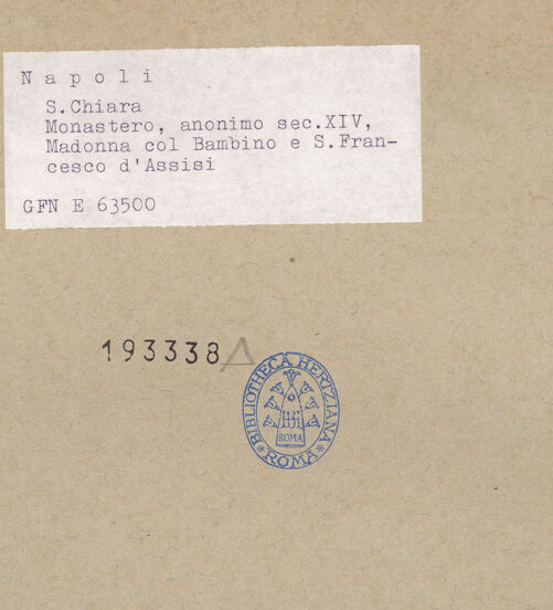 Rückseite von ICCD [https://www.deutsche-digitale-bibliothek.de/content/lizenzen/rv-ez/] Madonna mit Klarissen zwischen den Heiligen Klara und Franziskus - Detail: Franziskus, bh193338_recto. Foto.