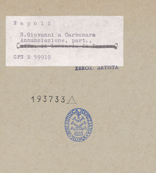 Rückseite von ICCD [https://www.deutsche-digitale-bibliothek.de/content/lizenzen/rv-ez/] Verkündigung in Anwesenheit Johannes des Täufers - Gesamtansicht, bh193733_recto. Foto.